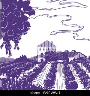 Vigneto line art, con filari di vigne, con un vitigno in primo piano e un edificio, cielo velato e montagne Illustrazione Vettoriale