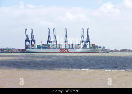Nave portacontainer OOCL Regno Unito ormeggiata al porto di Felixstowe, Suffolk, Regno Unito Foto Stock