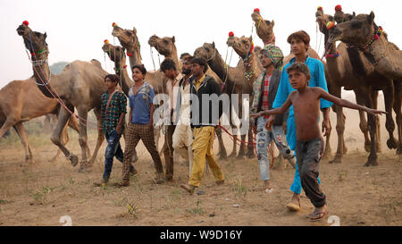 Rabari camel herder a Pushkar Camel Fair, Rajasthan. La fiera è la più grande fiera di cammelli in India. Foto Stock