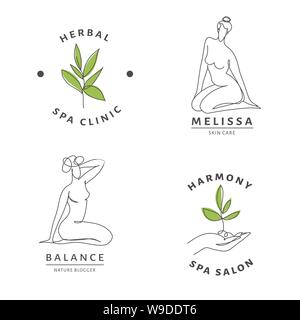 Spa Salone Logo templates con corpo di donna e la linea di natura tecnica. Illustrazione Vettoriale
