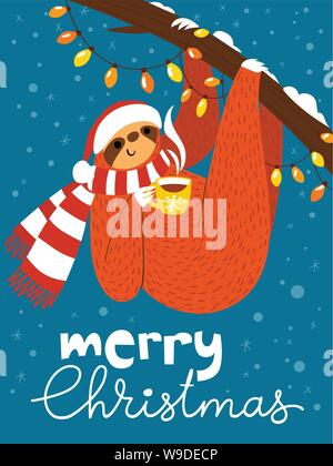 Vector Merry Christmas card con graziosi buffo bradipo con tazza di caffè Illustrazione Vettoriale