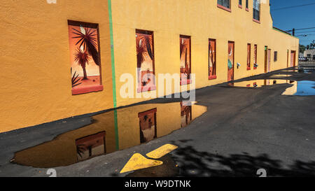 Di colore giallo brillante pareti con murali, Harlingen, Texas, Stati Uniti d'America Foto Stock