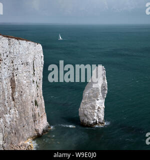 Mare yacht nuota passato grandi rocce Ballard verso il basso. Agosto - 2019. Swanage Inghilterra Foto Stock