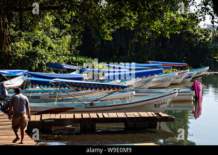 Acqua colorata taxi chiamato Pangas legato fino al dock lungo la laguna Sontecomapan in Sontecomapan, Veracruz, Messico. La laguna che sfocia nel golfo del Messico è uno dei meglio conservati delle zone umide costiere e foreste di mangrovie in Messico e in parte di Los Tuxtlas riserva della biosfera. Foto Stock