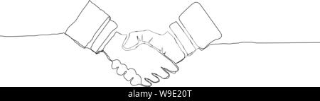 Handshake illustrazione vettoriale su uno sfondo bianco. Linea continua lo stile di disegno. Illustrazione Vettoriale