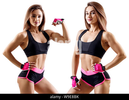 Collage di donna in abbigliamento sportivo ha dimostrato la sua forza muscolare del corpo atletico. Foto Stock