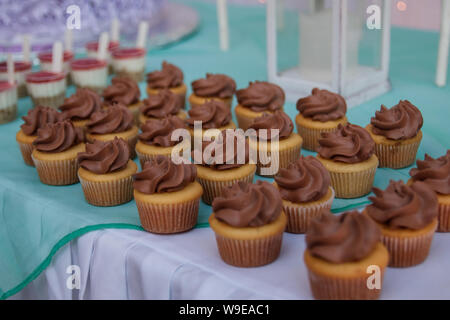 Tabella di dessert e dolci di partito, idee per quindici-anno-vecchi partiti partito, decorazioni, parte cibo. torte, dolci, caramelle, decorazione Foto Stock