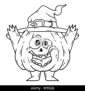 Halloween zucca sorridente con le mani e gambe. La zucca con witch hat. Jack Pumpkinhead. Illustrazione di vettore isolato su sfondo bianco. Nero e w Illustrazione Vettoriale