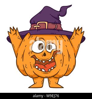 Halloween zucca sorridente con le mani e gambe. La zucca con witch hat. Jack Pumpkinhead. Illustrazione di vettore isolato su sfondo bianco. Utilizzare per pri Illustrazione Vettoriale