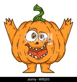 Halloween zucca sorridente con le mani e gambe. La zucca con witch hat. Jack Pumpkinhead. Illustrazione di vettore isolato su sfondo bianco. Nero e w Illustrazione Vettoriale