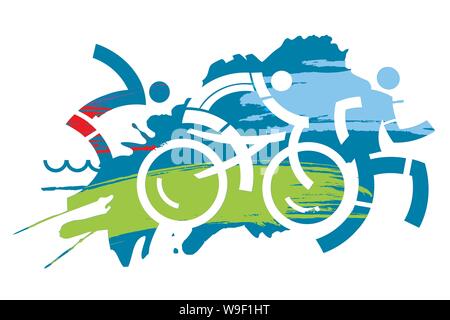 Gara di Triathlon grunge stilizzato. Tre atleti triathlon sullo sfondo grunge. Vettore disponibile Illustrazione Vettoriale
