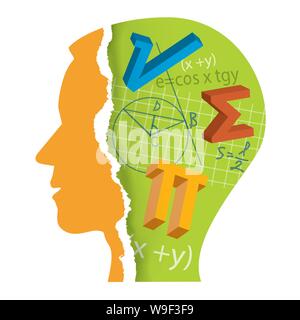 Matematica studente Slilhouette testa. Stilizzata testa maschio silhouette con simboli di matematica. Vettore disponibile Illustrazione Vettoriale