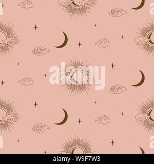 Il sole, le nuvole e la luna decorativi in stile Boho elemento vettore design. Modello senza giunture di carta da parati. Illustrazione Vettoriale