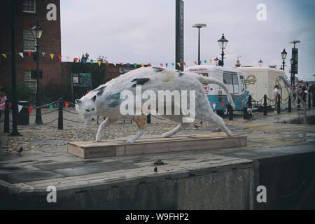 La signora Chibley, creata da Faith Bebbington, statua di gatto dei rifiuti di plastica a Liverpool`s Albert Dock Foto Stock