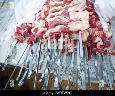 Barbecue. cuocere la carne con le cipolle e i peperoni. decapare, picnic, cibo di strada . Grigliata di shish kebab su spiedino di metallo. pezzi di carne cruda su spiedini giace sul Foto Stock