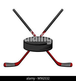 Attraversato red bastoni da hockey e puck. Vettore illustrazione cartoon Illustrazione Vettoriale