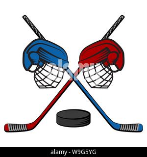 Il logo del hockey di confronto, con club, caschi e puck. Due squadre. Vettore illustrazione del fumetto. Illustrazione Vettoriale