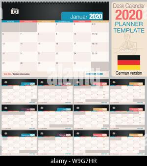 Utile scrivania calendario 2020 con lo spazio per posizionare una foto. Dimensioni: 210 mm x 148 mm. Versione in tedesco - immagine vettoriale Illustrazione Vettoriale