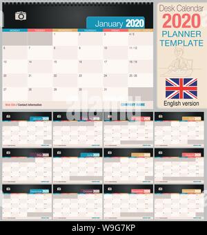 Utile scrivania calendario 2020 con lo spazio per posizionare una foto. Dimensioni: 210 mm x 148 mm. Versione Inglese - immagine vettoriale Illustrazione Vettoriale