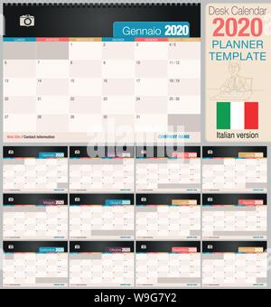 Utile scrivania calendario 2020 con lo spazio per posizionare una foto. Dimensioni: 210 mm x 148 mm. Versione italiana - immagine vettoriale Illustrazione Vettoriale