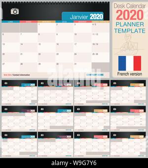 Utile scrivania calendario 2020 con lo spazio per posizionare una foto. Dimensioni: 210 mm x 148 mm. Versione francese - immagine vettoriale Illustrazione Vettoriale