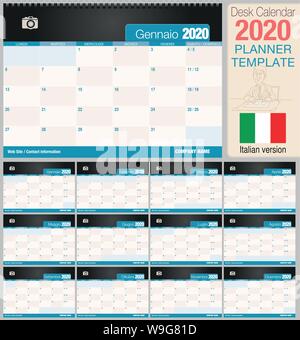 Utile scrivania calendario 2020 con lo spazio per posizionare una foto. Dimensioni: 210 mm x 148 mm. Versione italiana - immagine vettoriale Illustrazione Vettoriale