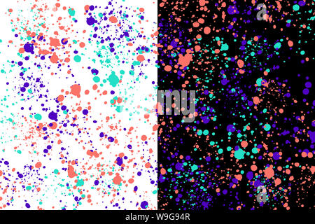 Il neon verde, viola e corallo round casuale gli spruzzi di vernice su nero e sfondo bianco. Abstract texture colorate Foto Stock