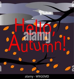 Ciao, l'autunno. testo circondato da multi-colore delle foglie di acero. Paesaggio autunnale: rami di un albero con foglie volanti, cielo coperto di nuvole. Il pos Illustrazione Vettoriale