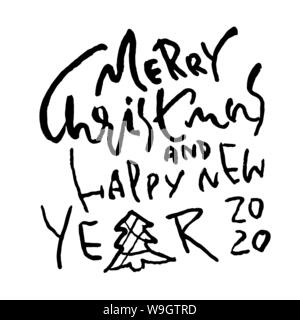 Disegnato a mano lettering grunge calligraphy poster. Natale e Felice Anno Nuovo 2020 bigliettino. Illustrazione Vettoriale. Illustrazione Vettoriale