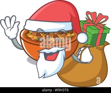 Santa con dono kung pao pollo in un cartone animato Illustrazione Vettoriale