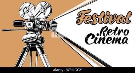 Cinema festival logo, vintage vecchio filmato fotocamera, , testo calligrafico disegnati a mano illustrazione vettoriale disegno realistico Illustrazione Vettoriale