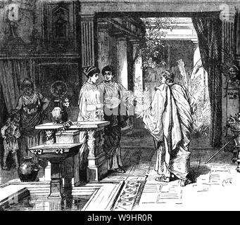 Gli interni della casa di una ricca famiglia romana. Di solito grandi case a un piano con molti grandi e ben arredate camere in aggiunta a bagni privati. Le antiche case dei ricchi Romani furono chiamati "domus" e consisteva di più grandi camere in aggiunta ai cortili interni e giardini. La grande sala centrale era conosciuto come un atrio ed era splendidamente muri dipinti, sculture e statue di antenati e gli dèi. La sala da pranzo era chiamata "triclinio" e consisteva di divani dove gli ospiti potrebbero reclinabili e cenare. Foto Stock
