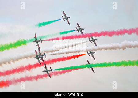 La Nazionale Italiana di Acrobazia Frecce Tricolori nel loro Aermacchi MB 339 presso il Royal International Air Tattoo RIAT 2019 a RAF Fairford, Gloucestershire, Regno Unito Foto Stock