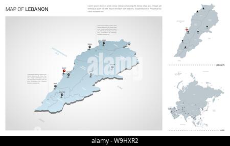 Set di vettore del Libano paese. Vista isometrica mappa in 3d, il Libano mappa Asia mappa - con regione, stato nomi e nomi di città. Illustrazione Vettoriale
