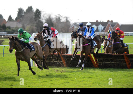 Onorevoli giorno a Hereford Racecourse. 9 Marzo, 2019. Cotswold Mini Handicap Hurdle. David Noonan sulla baia di Dun Creek conduce su una delle prime spalle. Foto Stock