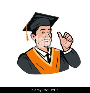 Funny studente laureato. Istruzione, scienza simbolo di menu o l'etichetta. Illustrazione Vettoriale Illustrazione Vettoriale