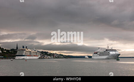 Cobh, Cork, Irlanda. 14 Agosto, 2019. Una mattina occupato nel porto di Cork come la nave da crociera Silver Wind passa il liner Celebrity Silhouette ormeggiato a Cobh, mentre in background è il Brittany Ferries nave Connemara sul suo modo di Ringaskiddy, Co. Cork, Irlanda. Credito; David Creedon / Alamy Live News Foto Stock