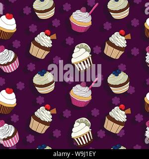 Cupcake colorati vector seamless pattern con scuro dello sfondo viola Illustrazione Vettoriale