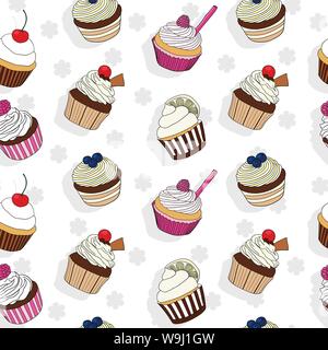 Cupcake colorati vector seamless pattern con sfondo bianco Illustrazione Vettoriale