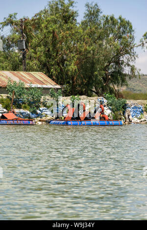 Flottante pompe di acqua per il trasporto di acqua per le aziende agricole di fiori, il lago Naivasha, Kenya, Africa orientale Foto Stock