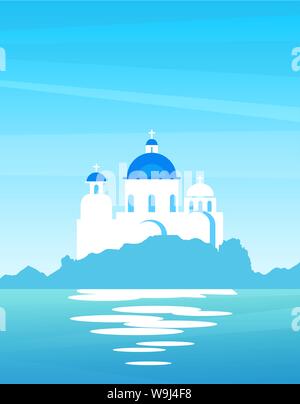 Natura del vettore di paesaggio greco con vista sulla costa. Chiesa con le cupole blu in una giornata di sole Illustrazione Vettoriale