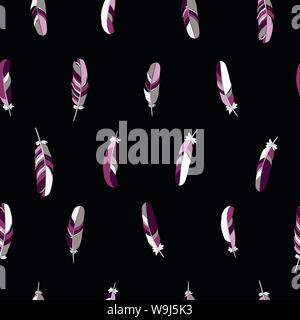 Vettore di Seamless pattern con rosa piume colorate su sfondo nero Illustrazione Vettoriale