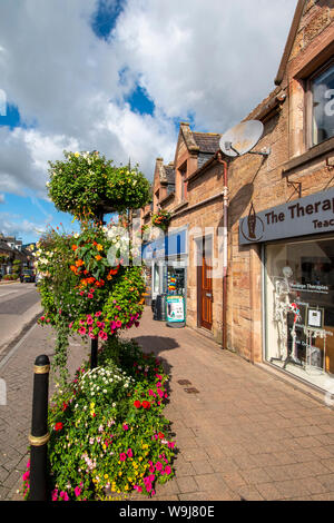 ALNESS Ross and Cromarty SCOZIA VILLAGE CITTÀ IN FIORE eccellente display di fiori colorati tra negozi di High Street Foto Stock