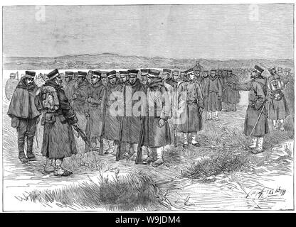 [ 1890 Giappone - Prima guerra Sino-Japanese (1894-1895) ] - Giapponese truppe imperiali ottenere pronto per attraversare il fiume Yalu dividendo in Corea e Cina, durante la Prima Guerra Sino-Japanese (1894-1895). La notte del 24 ottobre 1894, le truppe giapponesi attraversato il fiume Yalu non rilevati da erigere un pontone ponte. Pubblicato in francese settimanale illustrato Le Monde illustré il 19 gennaio 1895 (Meiji 28). Arte da artista francese Georges Ferdinand Bigot (1860-1927), famoso per i suoi cartoni satirica della vita nel periodo Meiji in Giappone. Xix secolo quotidiano vintage illustrazione. Foto Stock
