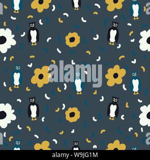 Disegnata a mano gufi e fiori vettore seamless pattern. Illustrazione Vettoriale