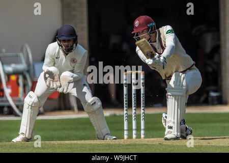 Londra, UK.13 August, 2019. George Bartlett battuta per il Somerset contro Surrey il giorno due del 2° XI Campionato della contea a sud del gioco di gruppo presso la LSE sportivo, New Malden. David Rowe/Alamy Live News Foto Stock
