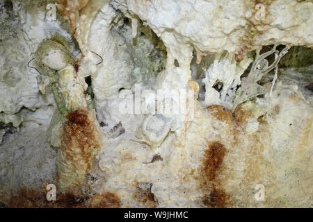 Grotta di fata, grotte di calcare, sporgenza boscosa Heap di calce accanto Minera cava, Galles Foto Stock