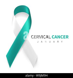 Il cancro cervicale Awareness Month. Realistico Teal nastro bianco simbolo. Medical Design. Illustrazione Vettoriale. Illustrazione Vettoriale