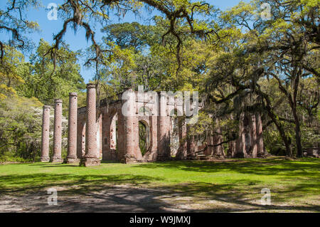 Mattone rosso lo scheletro del vecchio Sheldon rovine della chiesa nella contea di Beaufort, Carolina del Sud con muschio Spagnolo pendenti da alberi circostanti Foto Stock