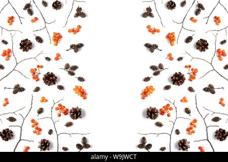 Composizione d'autunno. Modello realizzato di berry rowan, coni su sfondo bianco. In autunno, caduta, halloween, la Giornata del ringraziamento concetto. Appartamento laico, vista dall'alto, cop Foto Stock